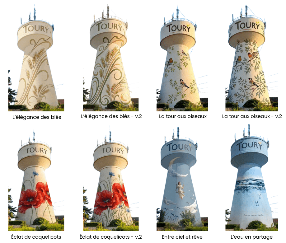 Visuel des huit propositions de dessin pour la future fresque du château d'eau