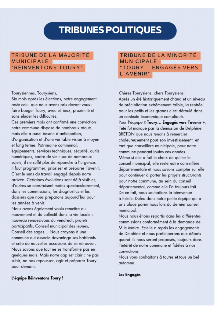 Tribunes politiques - Toury Mag Sept 2026